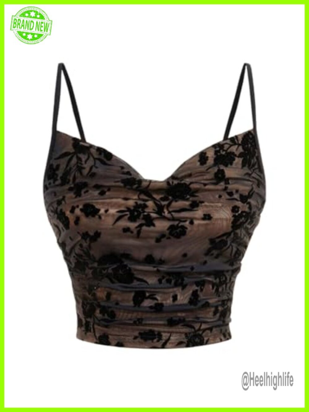 Women's Floral Mesh Cowl Neck Cami Crop Top Spaghetti Straps Sleeveless
